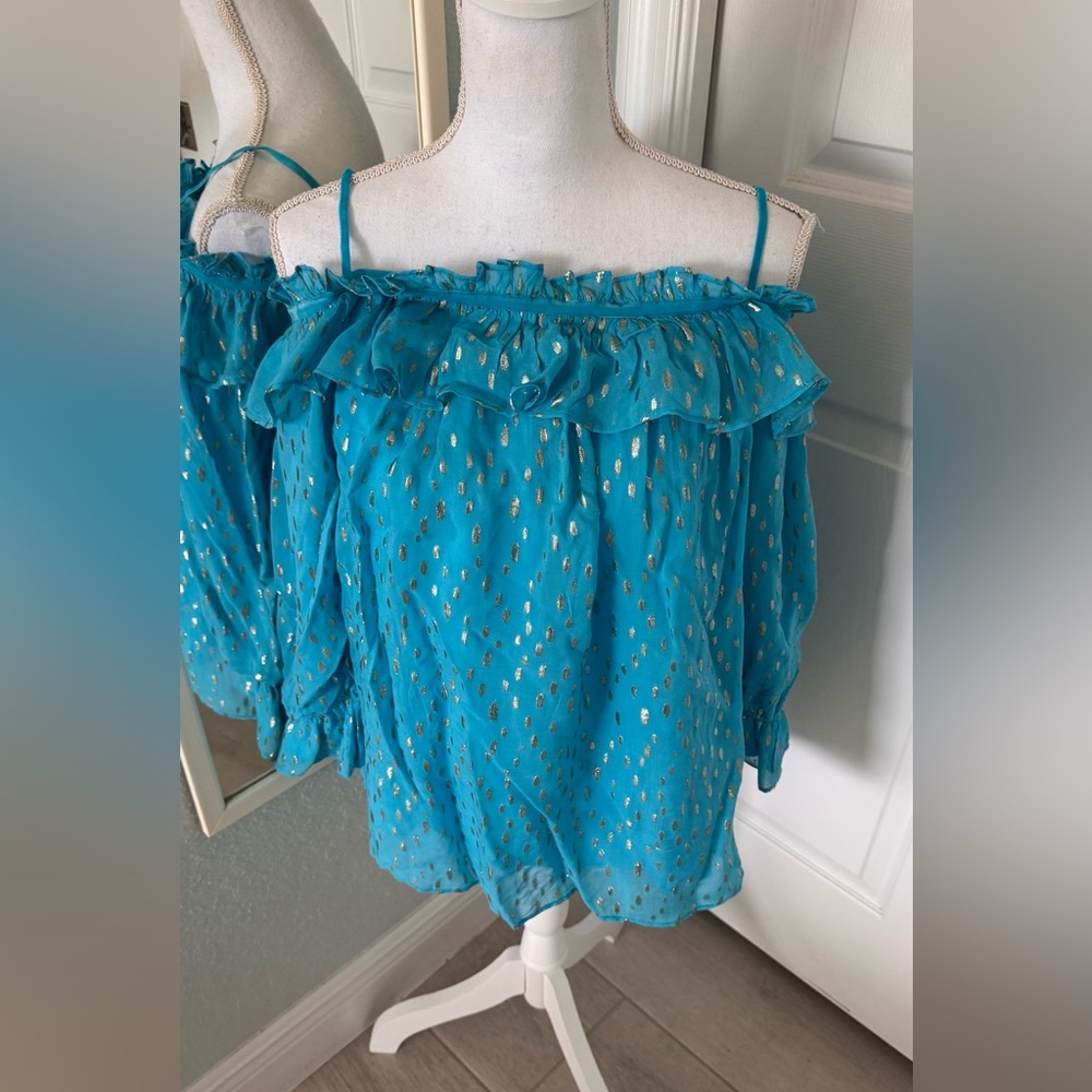 Lilly Pulitzer CeeCee Off Shoulder Metallic Dobby Top Blue Oasis XL